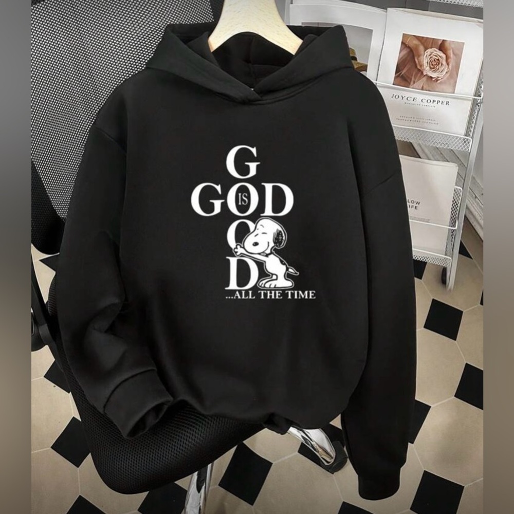 God Is Good All The Time Snoopy Peanuts Hoodie Black Graphic Christian Womens